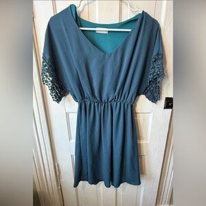 Altar'd State Teal Midi Dress with Lace Sleeves Size Small